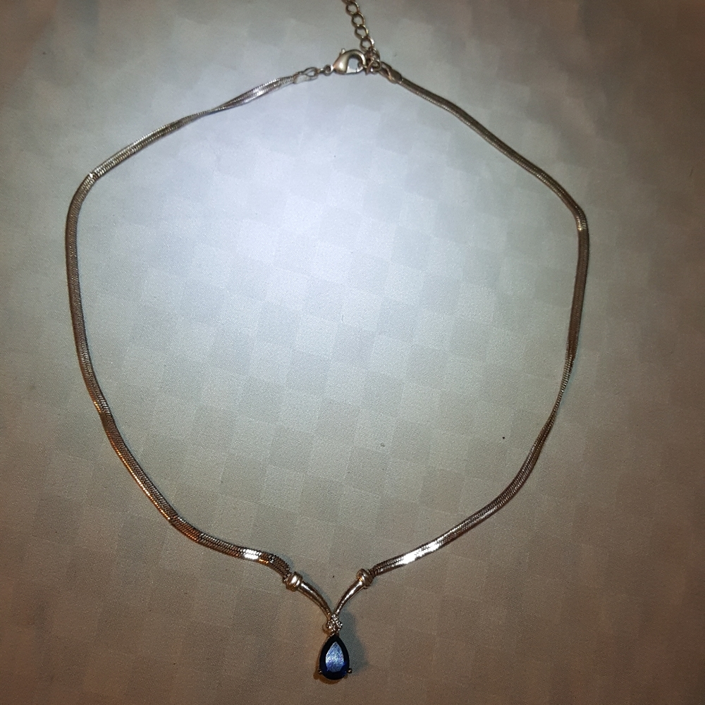 Goldstone necklace, with faux diamond, and sapphire. Can make it from 16/18 inch